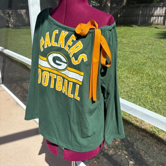 Green Bay Packers Off Shoulder One Shoulder Long Sleeve with Tie Shirt Top XL - Picture 4 of 4